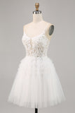 White A-Line Spaghetti Straps Tulle Short Homecoming Dress with Sequins