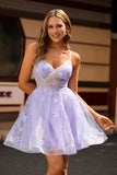 Sparkly Purple A-Line Floral Homecoming Dress with Sequins