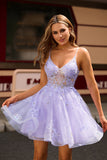 Sparkly Purple A-Line Floral Homecoming Dress with Sequins