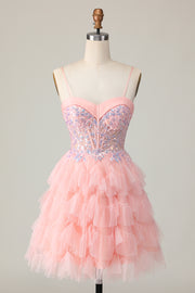 Sequins Pink Tiered A Line Ruffled Homecoming Dress