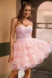 Sparkly Pink Sequins Tiered A Line Ruffled Short Homecoming Dress