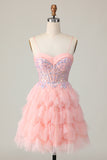 Sparkly Pink Sequins Tiered A Line Ruffled Short Homecoming Dress