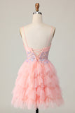 Sparkly Pink Sequins Tiered A Line Ruffled Short Homecoming Dress