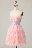 Sequins Pink Tiered A Line Ruffled Homecoming Dress
