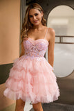 Sparkly Pink Sequins Tiered A Line Ruffled Short Homecoming Dress