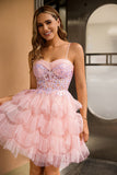 Sparkly Pink Sequins Tiered A Line Ruffled Short Homecoming Dress