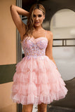 Sparkly Pink Sequins Tiered A Line Ruffled Short Homecoming Dress
