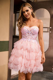 Sparkly Pink Sequins Tiered A Line Ruffled Short Homecoming Dress