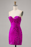 Fuchsia Bodycon Strapless Beaded Mini Homecoming Dress