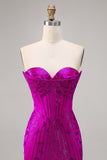 Fuchsia Bodycon Strapless Beaded Mini Homecoming Dress