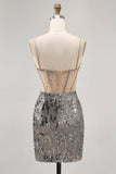 Sparkly Steel Grey Spaghetti Straps Sequins Bodycon Homecoming Dress with Beading