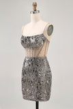 Sparkly Steel Grey Spaghetti Straps Sequins Bodycon Homecoming Dress with Beading