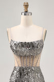 Sparkly Steel Grey Spaghetti Straps Sequins Bodycon Homecoming Dress with Beading
