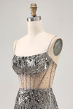 Sparkly Steel Grey Spaghetti Straps Sequins Bodycon Homecoming Dress with Beading