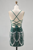 Sparkly Dark Green Bodycon Beaded Sequins Short Homecoming Dress with Lace Up Back