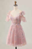 Blush A Line Cold Shoulder Floral Short Homecoming Dress with Appliques