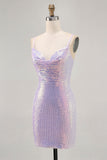 Sparkly Lilac Bodycon Spaghetti Straps Sequins Short Homecoming Dress