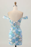 Sparkly White Blue Flower Off the Shoulder Bodycon Sequins Short Homecoming Dress