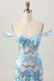 Sparkly White Blue Flower Off the Shoulder Bodycon Sequins Short Homecoming Dress