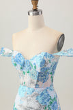 Sparkly White Blue Flower Off the Shoulder Bodycon Sequins Short Homecoming Dress