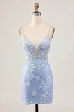 Sparkly Light Blue Sequins Bodycon Floral Homecoming Dress with Appliques