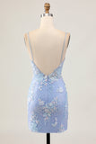 Sparkly Light Blue Sequins Bodycon Floral Homecoming Dress with Appliques