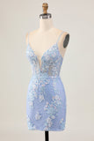 Sparkly Light Blue Sequins Bodycon Floral Homecoming Dress with Appliques