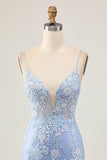 Sparkly Light Blue Sequins Bodycon Floral Homecoming Dress with Appliques