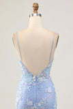 Sparkly Light Blue Sequins Bodycon Floral Homecoming Dress with Appliques