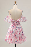 Cold Shoulder A Line Pink Floral Short Homecoming Dress