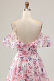 Cold Shoulder A Line Pink Floral Short Homecoming Dress