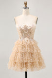 A Line Strapless Champagne Tiered Appliqued Short Homecoming Dress