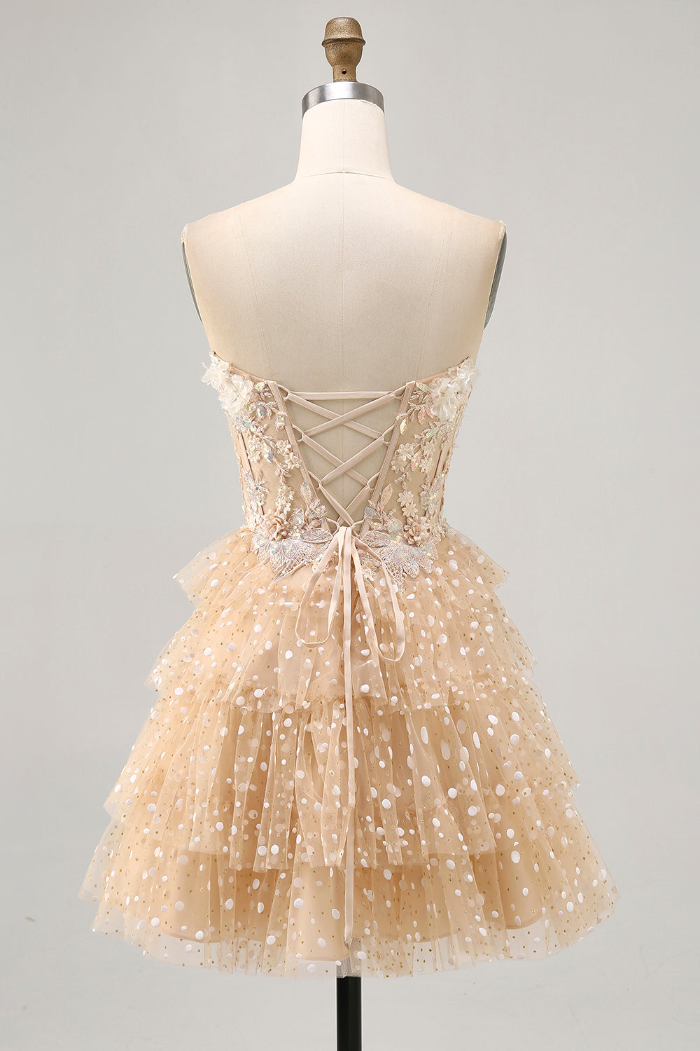 WEDTREND Women Polka Dots Homecoming Dress Strapless Tiered Appliqued Champagne Corset A Line Short Prom Dress