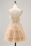 A Line Strapless Champagne Tiered Appliqued Short Homecoming Dress