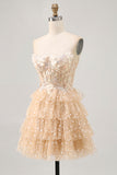 A Line Strapless Champagne Tiered Appliqued Short Homecoming Dress