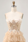 A Line Strapless Champagne Tiered Appliqued Short Homecoming Dress
