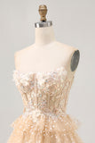 A Line Strapless Champagne Tiered Appliqued Short Homecoming Dress