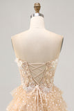 A Line Strapless Champagne Tiered Appliqued Short Homecoming Dress