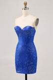 Strapless Beaded Royal Blue Bodycon Short Homecoming Dress