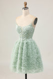 Sage Green A-Line Spaghetti Straps Corset Homecoming Dress with Appliques