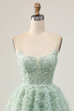 Sage Green A-Line Spaghetti Straps Corset Homecoming Dress with Appliques