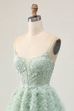 Sage Green A-Line Spaghetti Straps Corset Homecoming Dress with Appliques