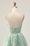 Sage Green A-Line Spaghetti Straps Corset Homecoming Dress with Appliques
