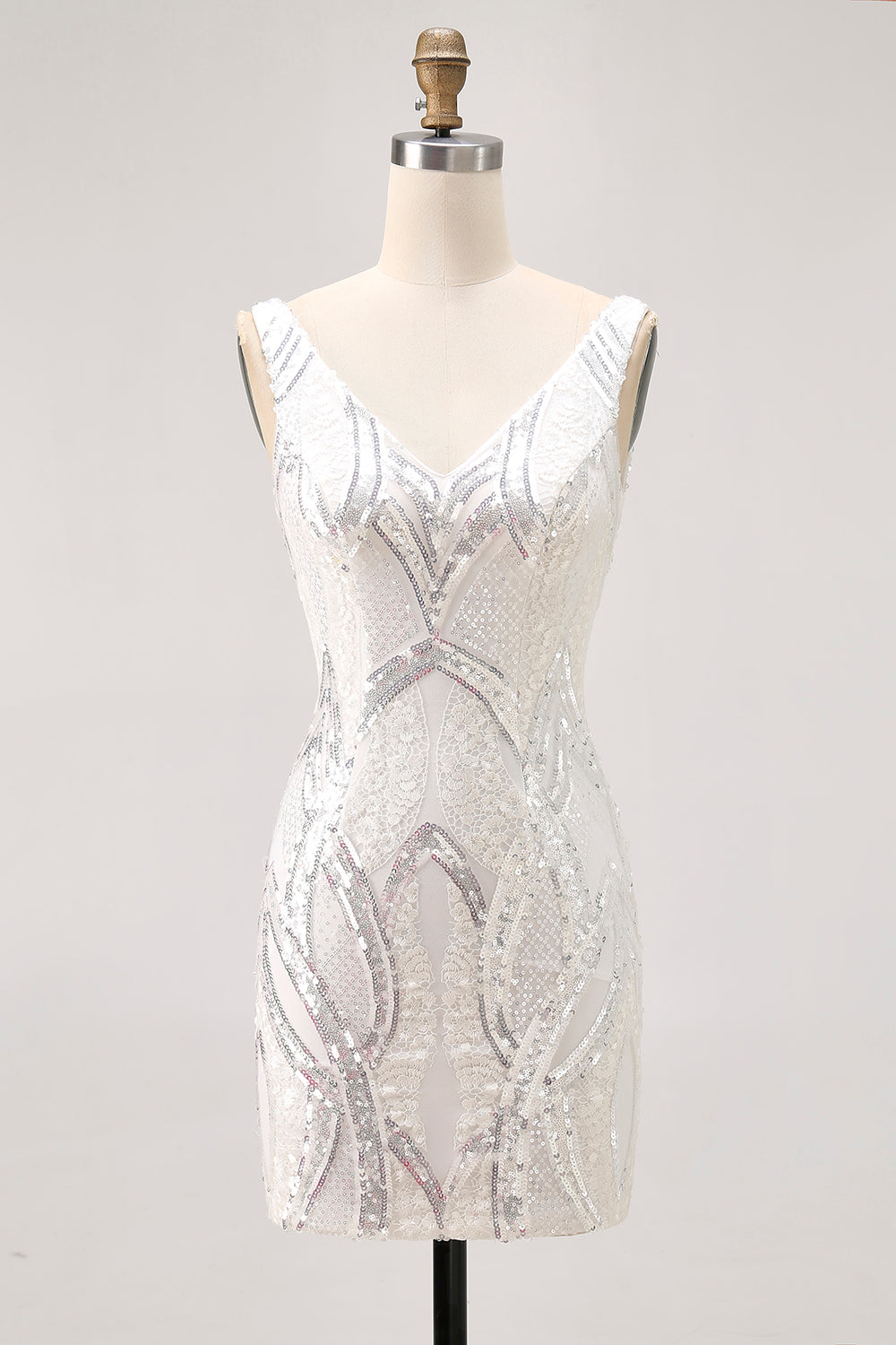 WEDTREND Women Sparkly Sequins Homecoming Dress White Bodycon V Neck Short Cocktail Dress WEDTREND Women Sparkly Sequins Homecoming Dress White Bodycon V Neck Short Cocktail Dress