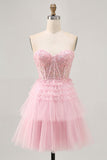 Pink A Line Strapless Sequins Tulle Corset Short Homecoming Dress with Appliques
