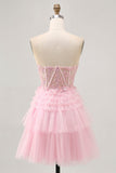 Pink A Line Strapless Sequins Tulle Corset Short Homecoming Dress with Appliques