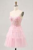 Pink A Line Strapless Sequins Tulle Corset Short Homecoming Dress with Appliques