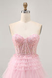 Pink A Line Strapless Sequins Tulle Corset Short Homecoming Dress with Appliques