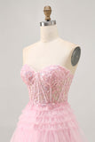 Pink A Line Strapless Sequins Tulle Corset Short Homecoming Dress with Appliques