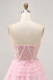 Pink A Line Strapless Sequins Tulle Corset Short Homecoming Dress with Appliques